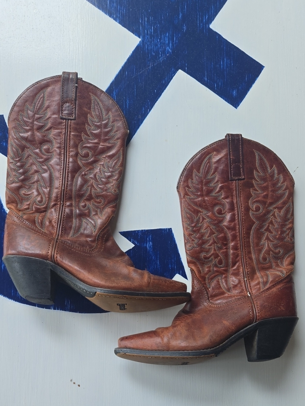 Laredo "Madison" Snip Toe Leather Western Boot Turquoise White Stitching